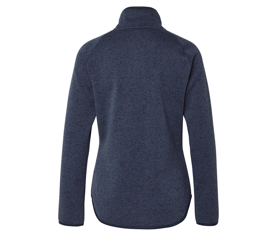 Rückansicht eines dunkelblauen, melierten Fleece-Pullovers mit Stehkragen und langen Ärmeln.