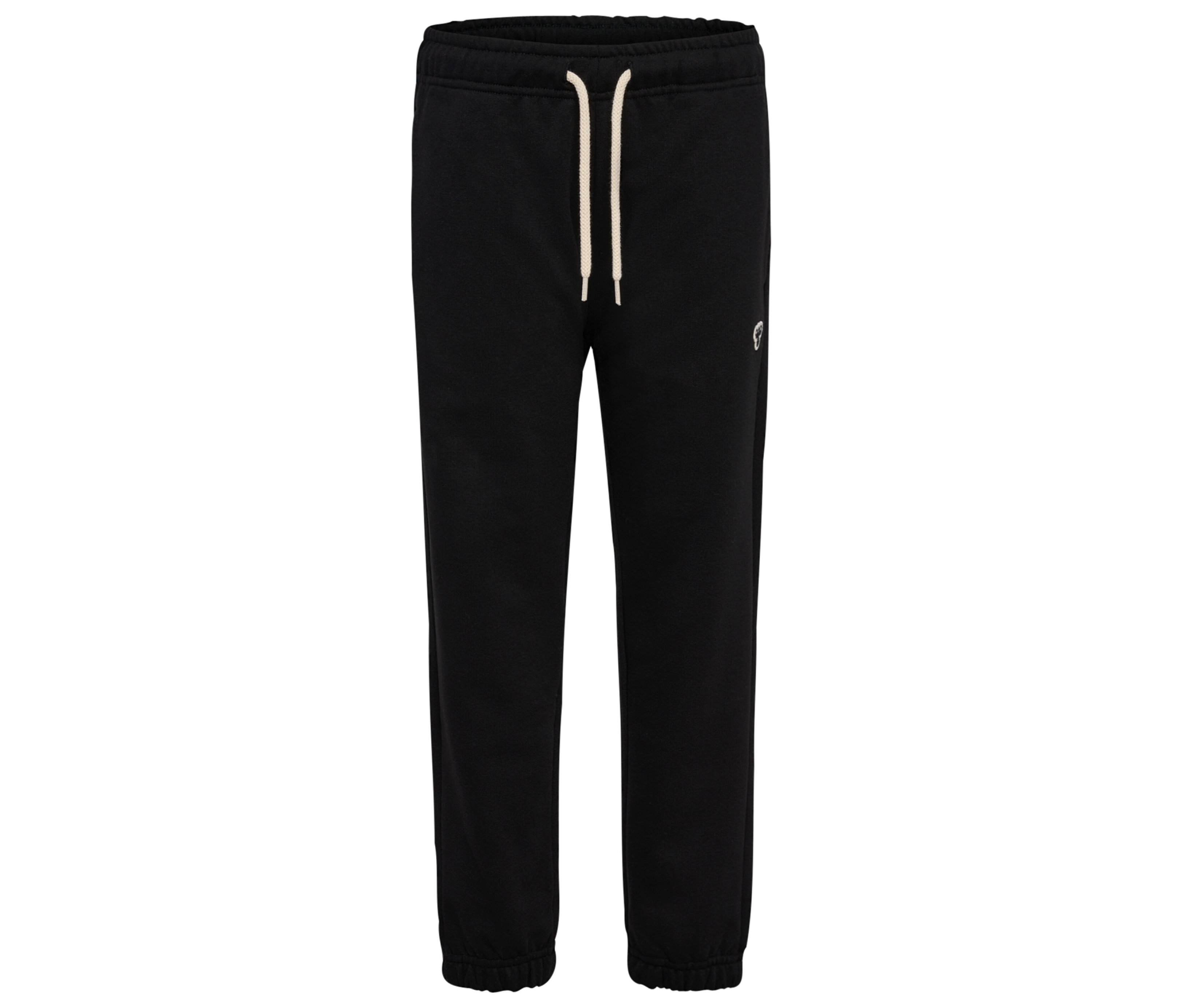 Schwarze hummel® HMLJR Loose Sweatpants Bee mit Kordelzug und kleinem Logo auf dem Bein.