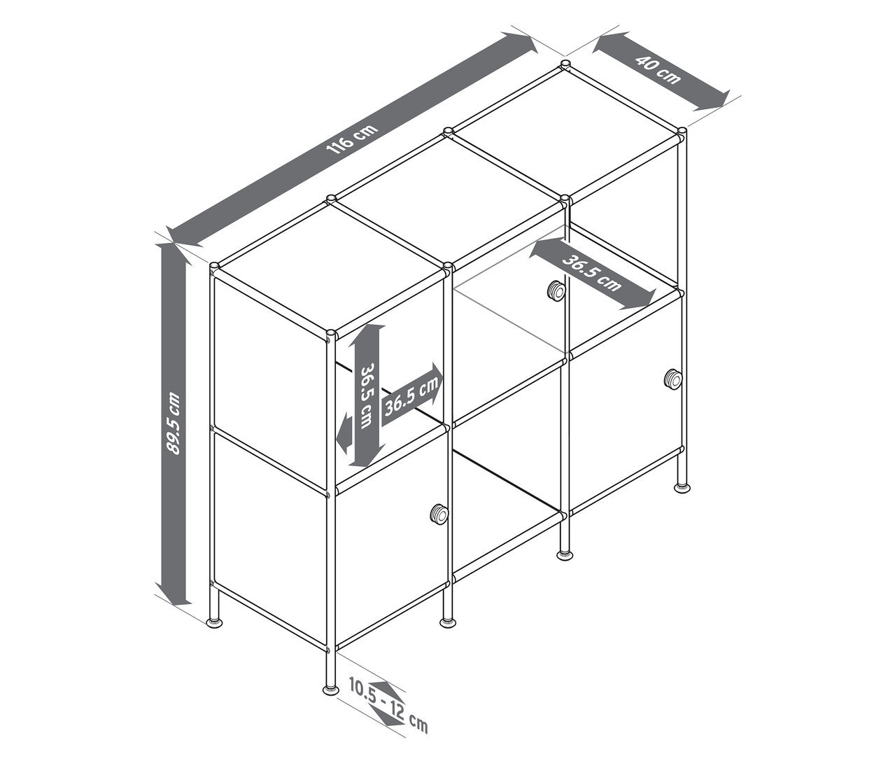 Draufsicht eines Metallsideboards »CN3 Kids« mit drei Türen in Pistazie und Hellgrau mit Maßangaben.
