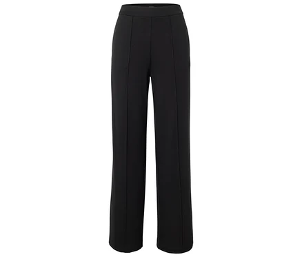 Schwarze, hochtaillierte Stoffhose mit geradem Bein und Bügelfalten.