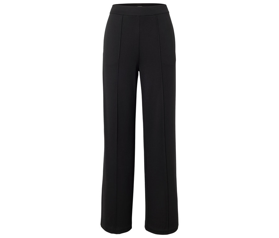Schwarze, hochtaillierte Stoffhose mit geradem Bein und Bügelfalten.