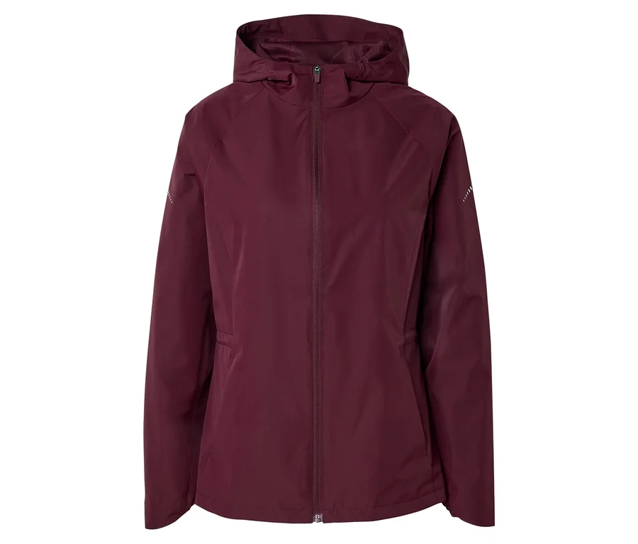 Burgunderfarbene, gefütterte Regenjacke mit Kapuze und durchgehendem Reißverschluss.