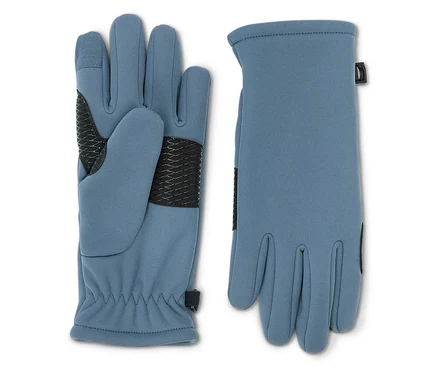 Ein Paar blaue Handschuhe liegen nebeneinander, wobei der linke Handschuh auf der Handfläche liegt.