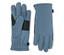 Ein Paar blaue Handschuhe liegen nebeneinander, wobei der linke Handschuh auf der Handfläche liegt.