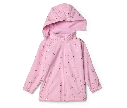 Rosa Kinderjacke mit Kapuze und Reißverschluss, verziert mit Sternen und Kometen.