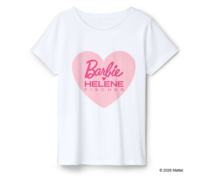 Weißes T-Shirt mit rosafarbenem Herzaufdruck, der 'Barbie HELENE FISCHER' zeigt.