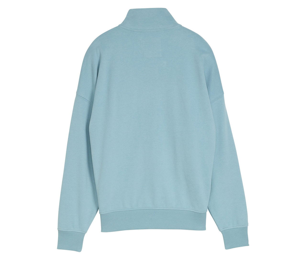 Hellblauer Pullover mit halbem Reißverschluss am Kragen, Rückansicht.