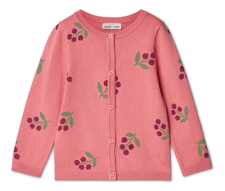 Rosa Strickjacke mit Knopfleiste und Kirschmuster.