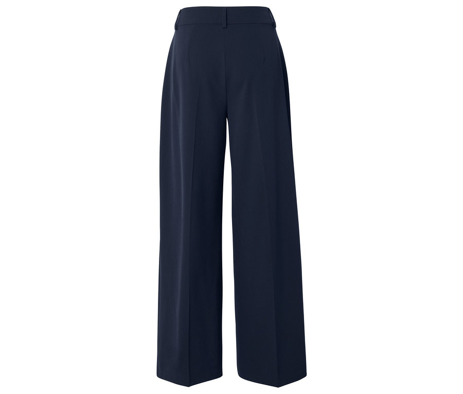 Dunkelblaue, weite Stoffhose mit Gürtelschlaufen und geradem Bein.
