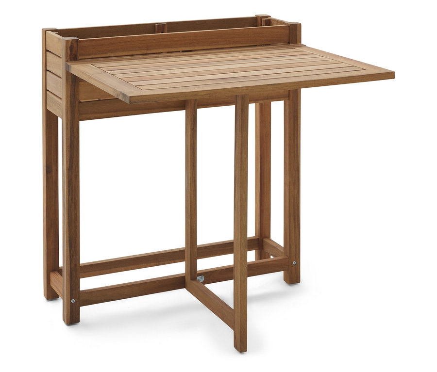 Ein brauner Holztisch mit einer ausklappbaren Tischplatte steht auf einem weißen Hintergrund.