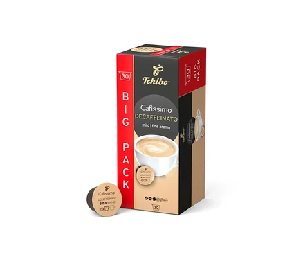 Eine Packung Cafissimo Decaffeinato - entkoffeiniert - 30 Kapseln von Tchibo steht aufrecht. Eine Kapsel liegt daneben.