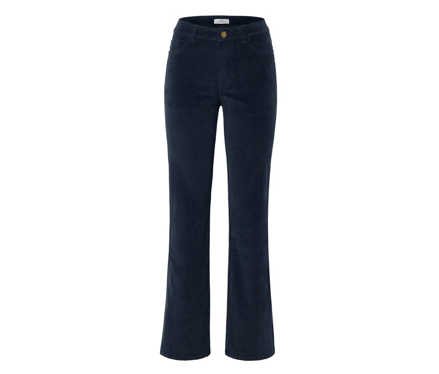 Dunkelblaue Cord-Hose im Bootcut-Stil.