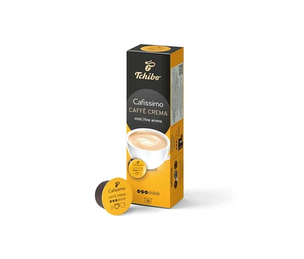 Ein Cafissimo Caffè Crema mild Karton mit einer Kapsel davor. Die Packung enthält 10 Kapseln.