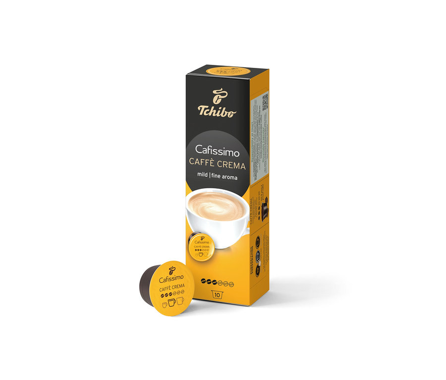 Ein Cafissimo Caffè Crema mild Karton mit einer Kapsel davor. Die Packung enthält 10 Kapseln.