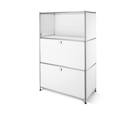 Weißes Metallregal mit zwei versetzbaren Klappenfächern.