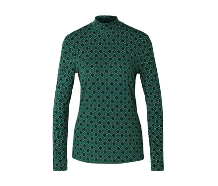 Grün gemustertes Langarmshirt mit Stehkragen vor neutralem Hintergrund.