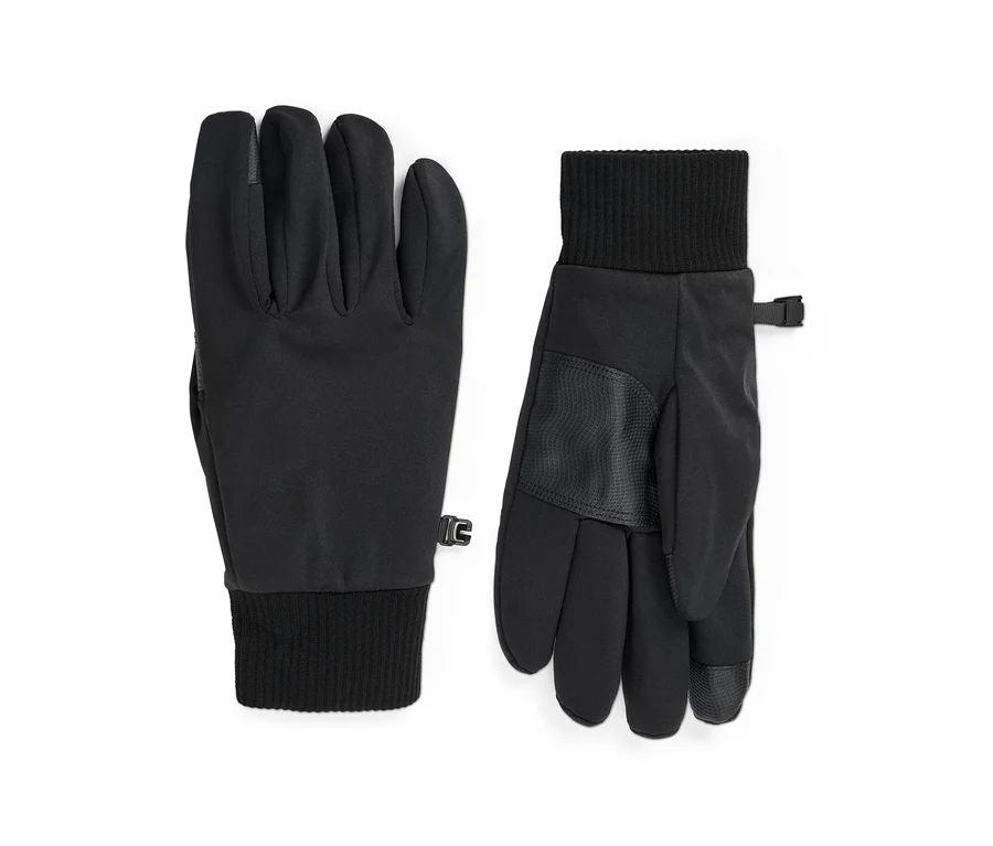 Ein Paar schwarze Softshell-Handschuhe, eines mit der Handfläche nach oben, das andere nach unten, mit gerippten Bündchen, strukturierten Handflächen und kleinen Befestigungsclips.