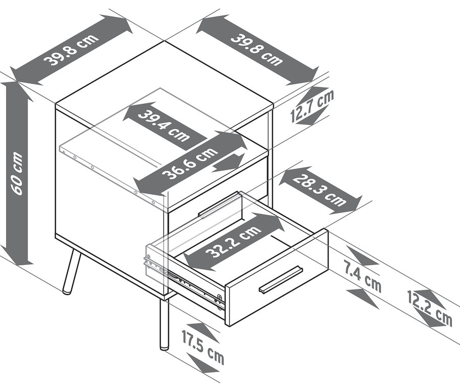 Eine technische Zeichnung zeigt einen Beistelltisch in Holzoptik mit 2 Schubladen, eine davon geöffnet. Der Tisch ist 60 cm hoch, 39,8 cm breit und tief. Die offene Schublade ist 32,2 cm breit.