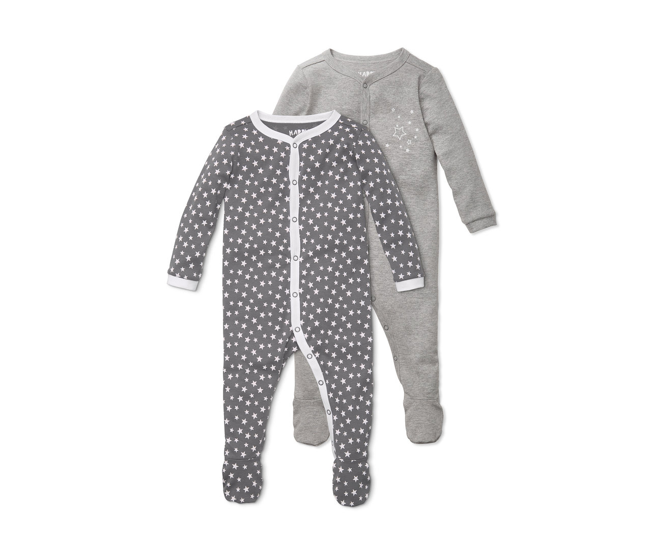 Zwei graue Baby-Schlafanzüge mit langen Ärmeln. Einer ist grau mit weißen Sternen, der andere hellgrau mit einem Sternmotiv.