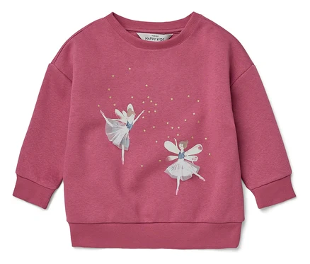 Rosa Sweatshirt mit Abbildungen von zwei Balletttänzerinnen und goldenen Sternen.