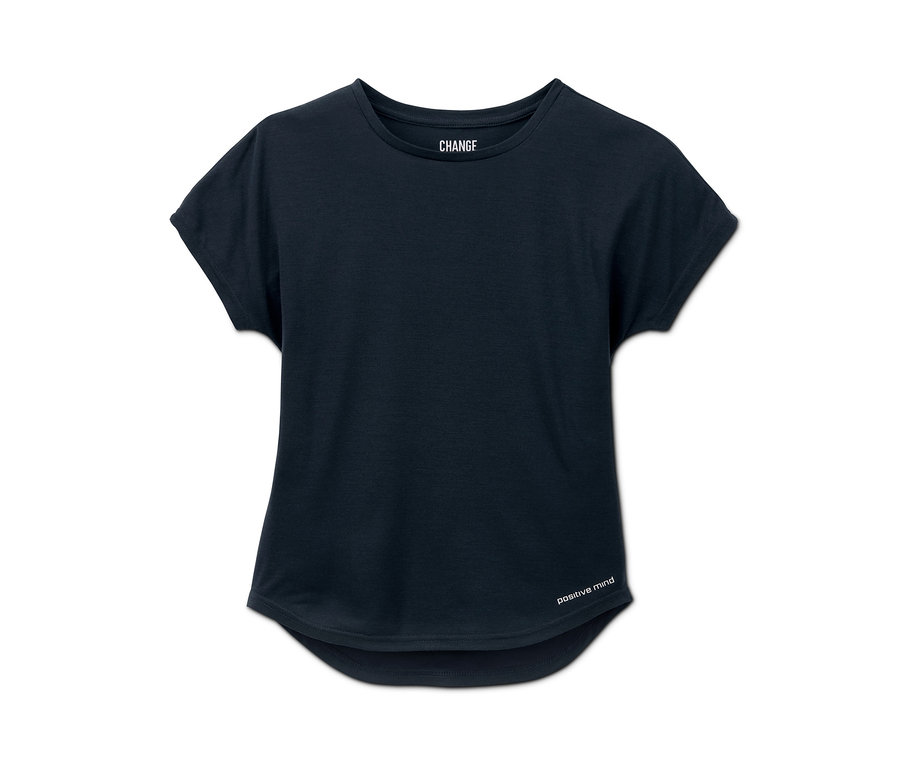 Ein marineblaues Mädchen-Funktionsshirt mit kurzen Ärmeln aus recyceltem Material.