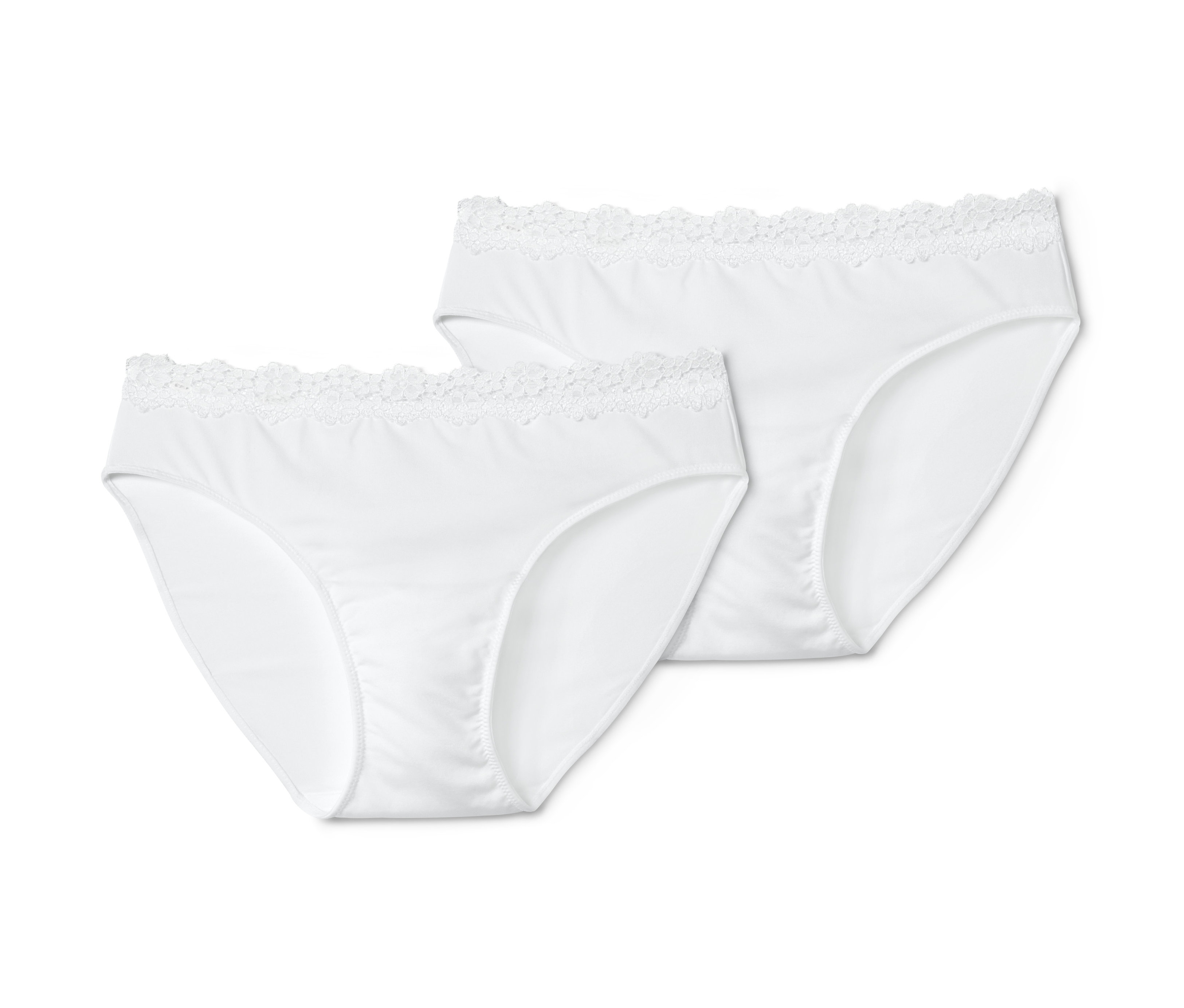 Zwei weiße Slips mit Spitze.