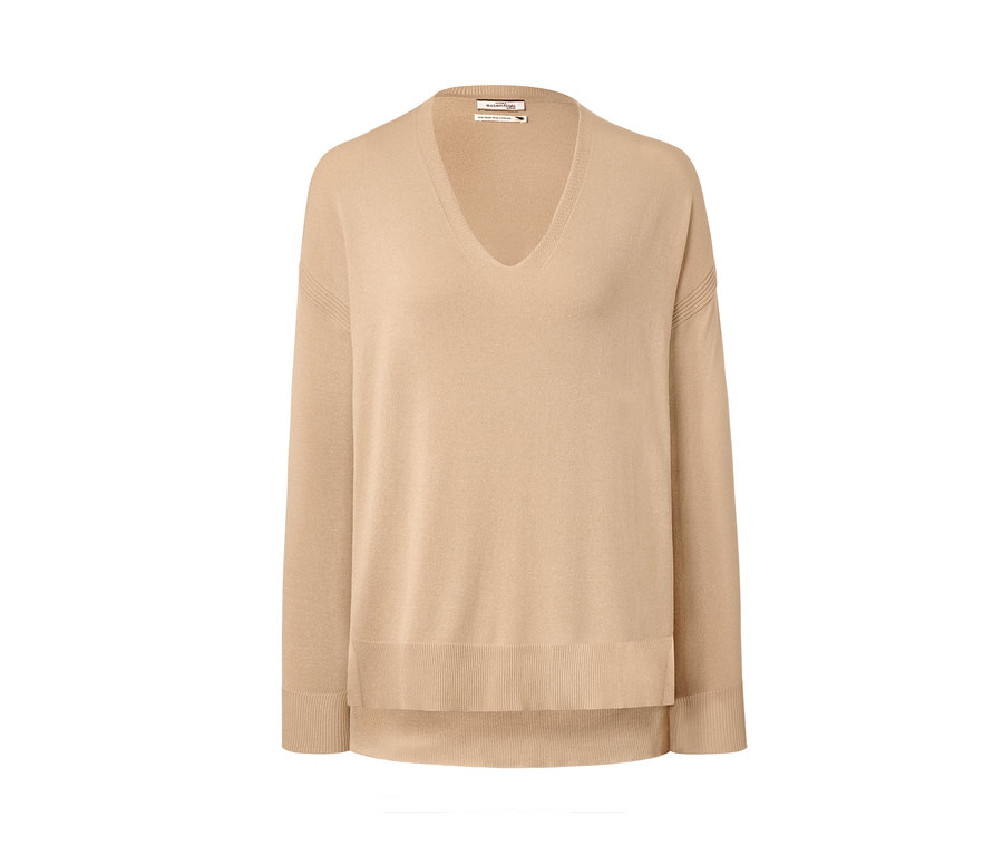 Beiger Feinstrick-Pullover mit V-Ausschnitt.