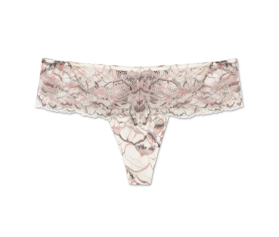 Detailansicht von mehrfarbigen Spitzen-Strings aus einem zweiteiligen Set.