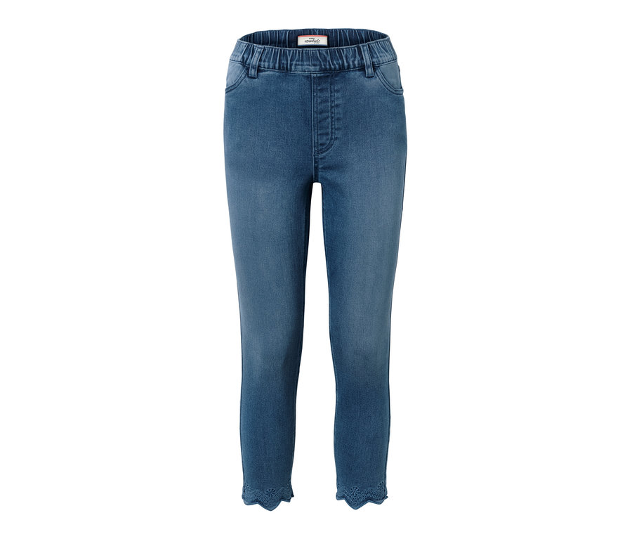 Blaue 7/8-Treggings mit Lochstickerei.