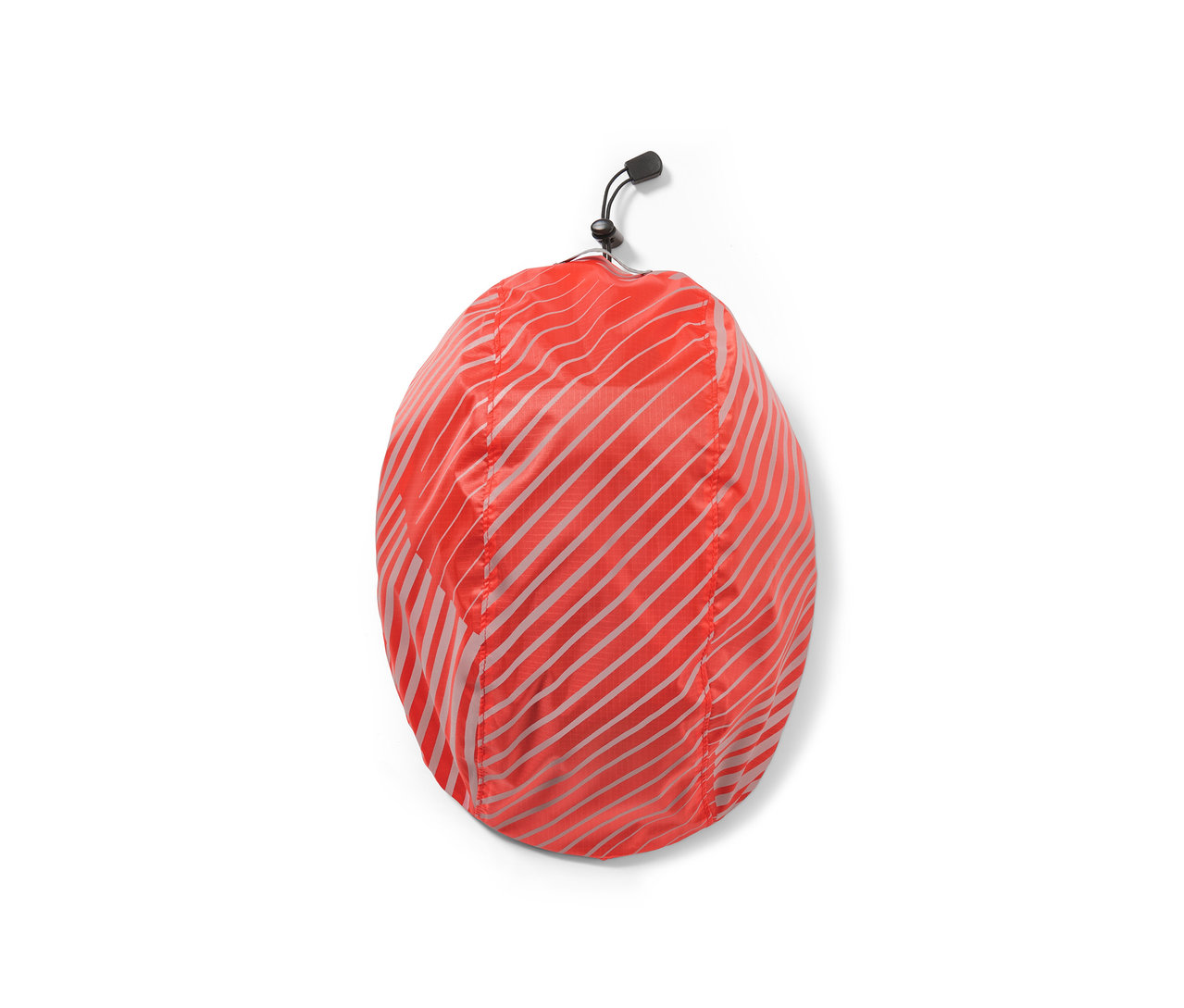 Orangefarbener Fahrradhelm-Regenüberzug mit reflektierenden Streifen.