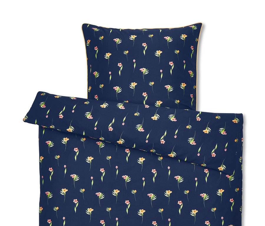 Dunkelblaue Microfaser-Bettwäsche mit Blumenmuster in Normalgröße, Doppelgröße und Übergröße.