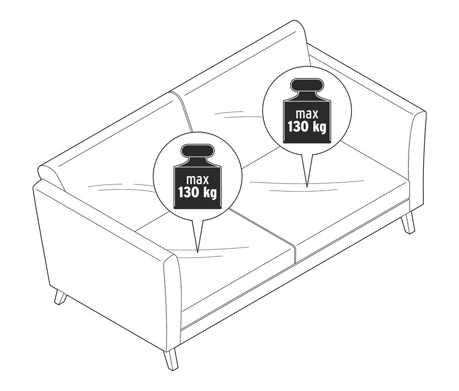 Skizze eines 3-Sitzer-Sofas in Anthrazit und Sandfarben mit einer maximalen Belastbarkeit von 130 kg.