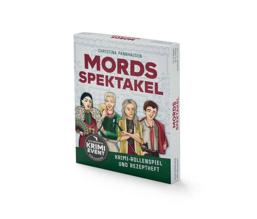 Box des Krimispiels »Mordsspektakel« mit Illustrationen von Charakteren.