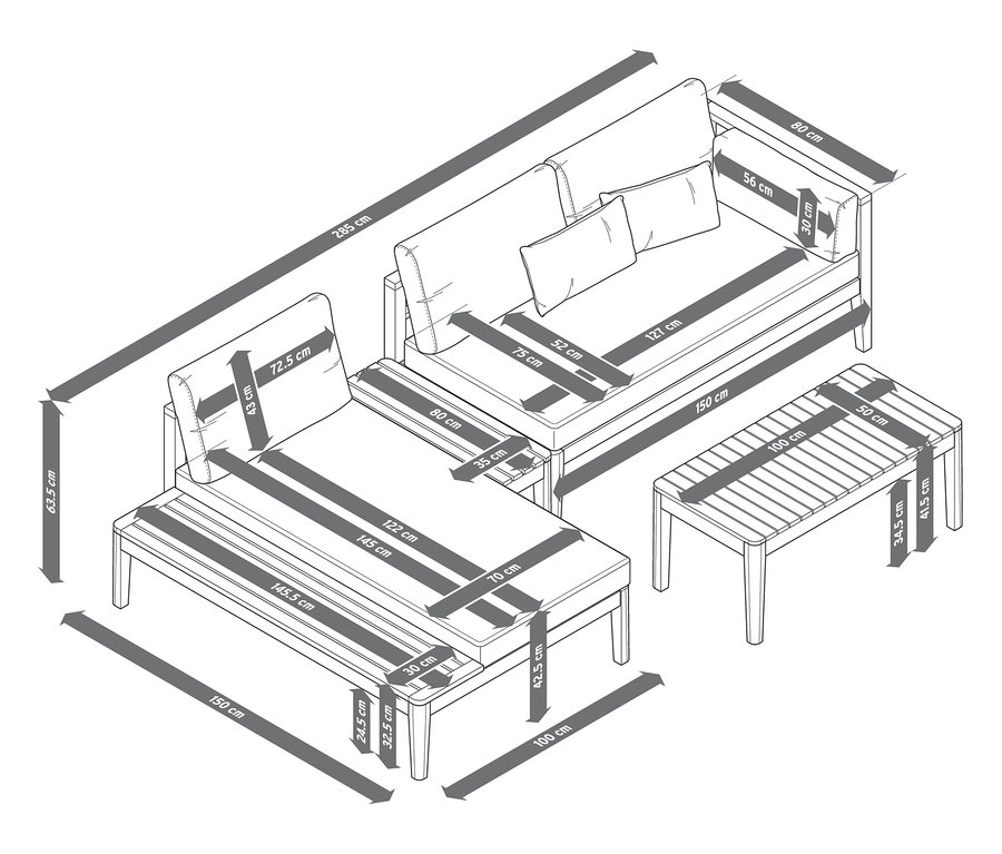 Skizze einer Teak-Lounge-Ecke mit Maßen.