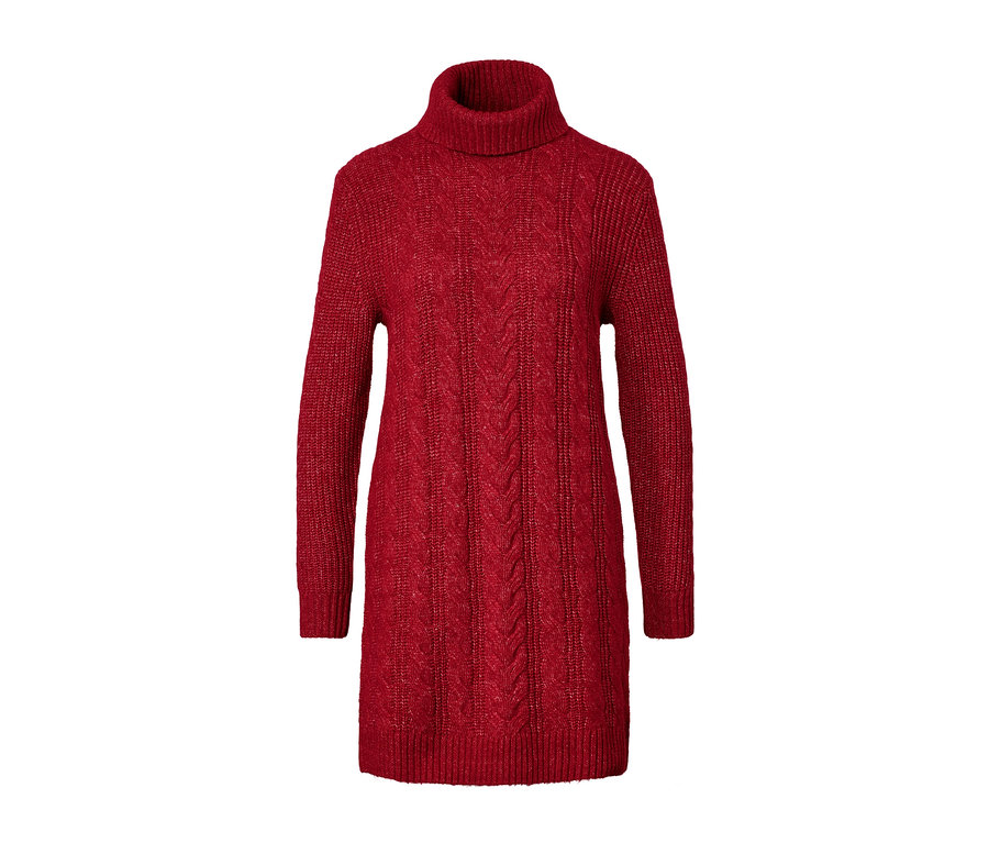 Roter, langer Strickpullover mit Zopfmuster.
