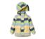 Gestreifte Kleinkind-Regenjacke in Blau, Grün und Gelb.