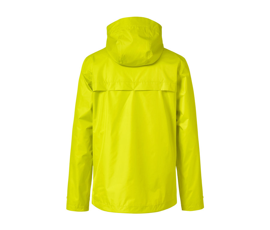 Gelbe Regenjacke von hinten mit Kapuze.