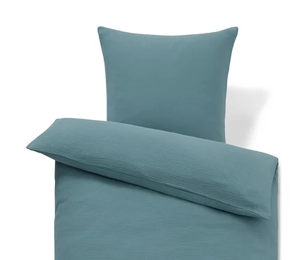 Blaue Musselin-Bettwäsche in Normal- und Übergröße.