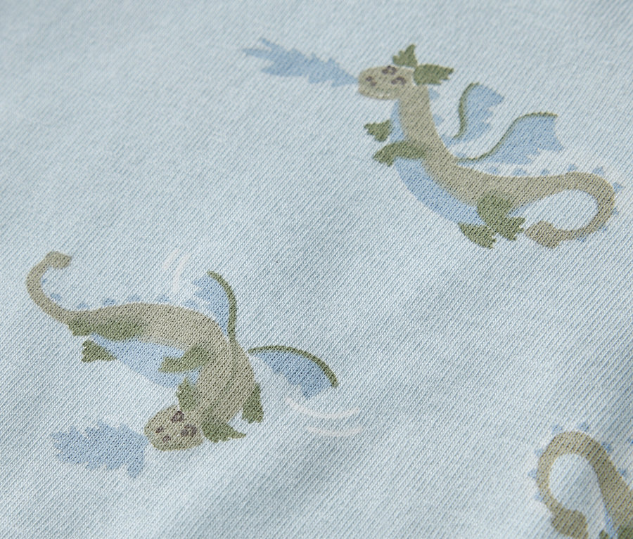 Detailaufnahme eines hellblauen Bodys mit grünen Drachen.