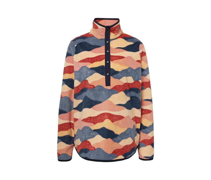 Fleecepullover mit farbigem Bergmuster und Knopfleiste.