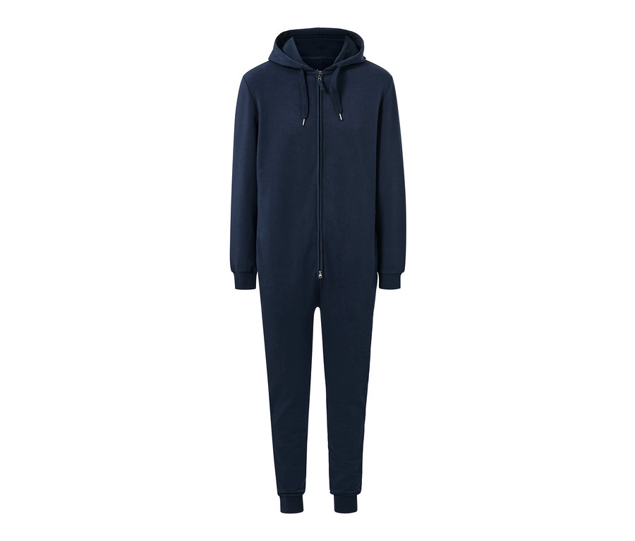 Marineblauer Lounge-Overall mit Kapuze und Reißverschluss.