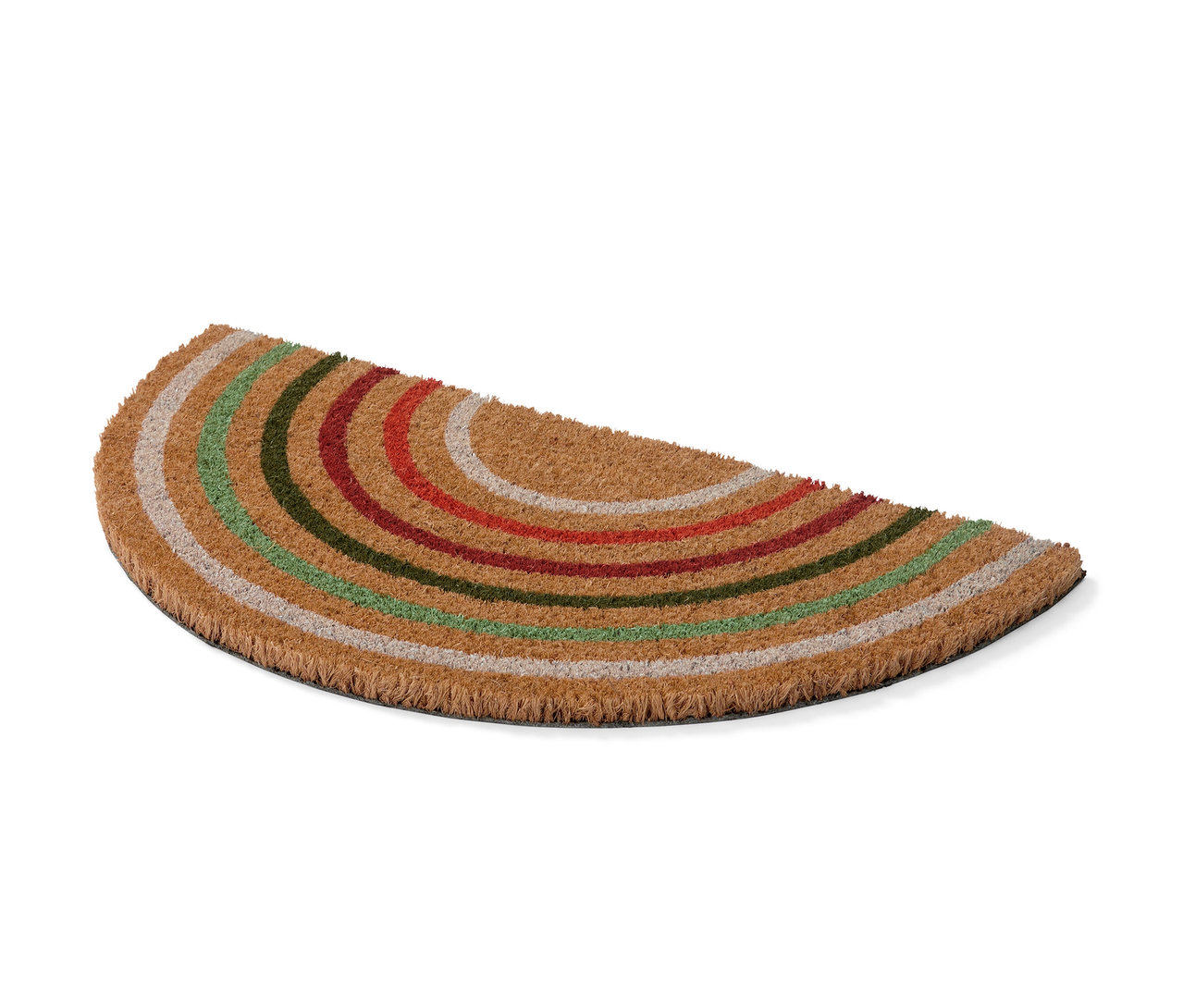 Halbrunde Kokos-Fußmatte mit bunten Streifen.