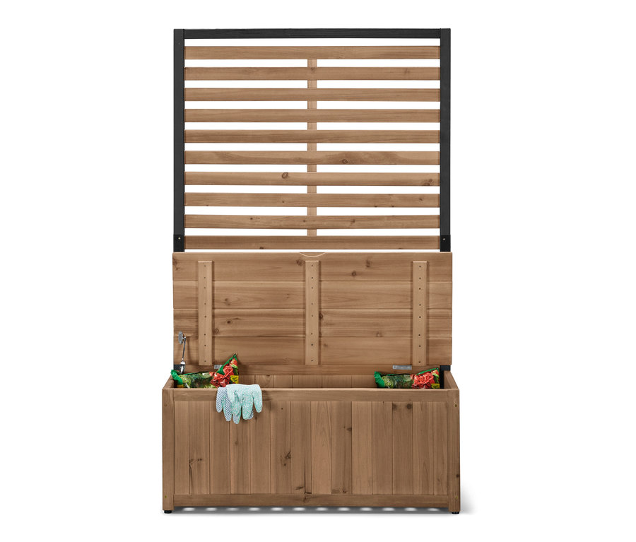 Geöffnetes Sichtschutz-Stauraumbank-Modul »Elin« mit gelagerter Blumenerde und Gartenhandschuhen.