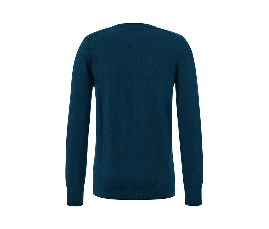 Petrolfarbener Pullover mit V-Ausschnitt.