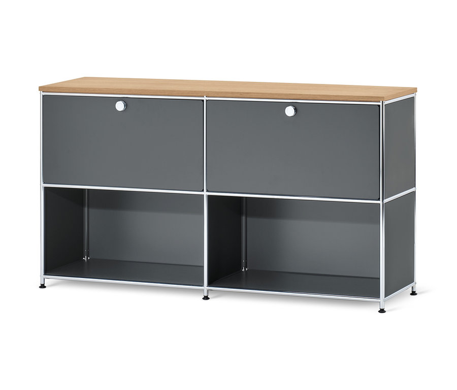 Graues Sideboard Metall »CN3« mit Holzplatte und versetzbaren Klappenfächern.