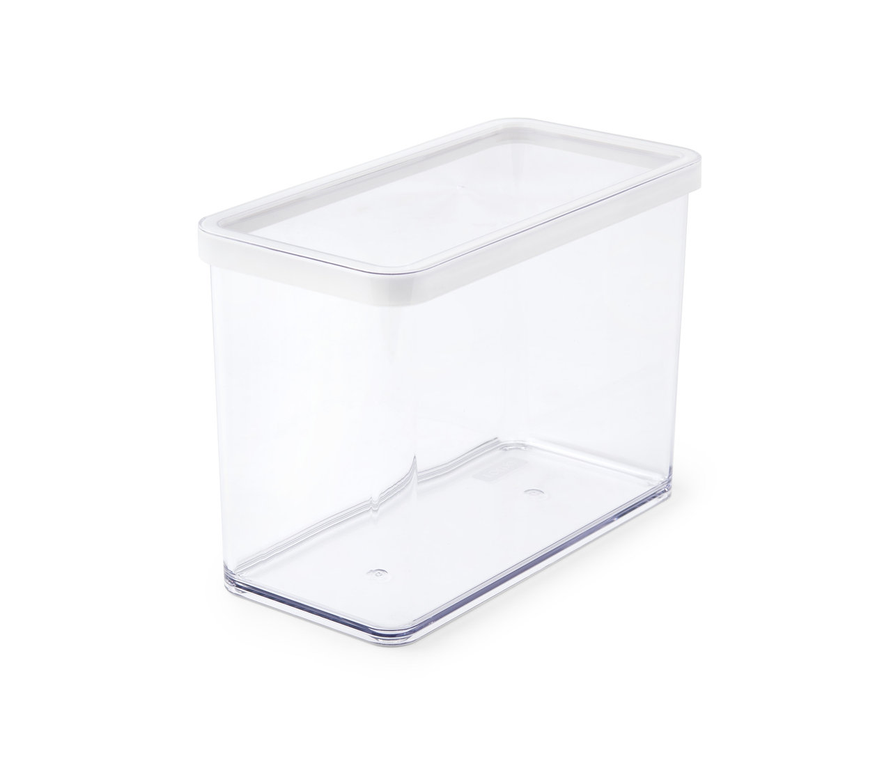 Eine durchsichtige Vorratsdose mit weißem Deckel.