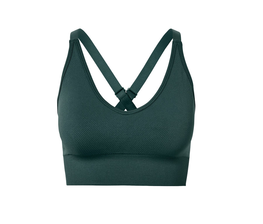 Dunkelgrünes Seamless-Sport-Bustier mit gekreuzten Trägern.