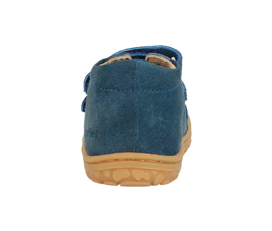 Detailansicht der Rückseite eines blauen Lurchi Lauflernschuh Barefoot.
