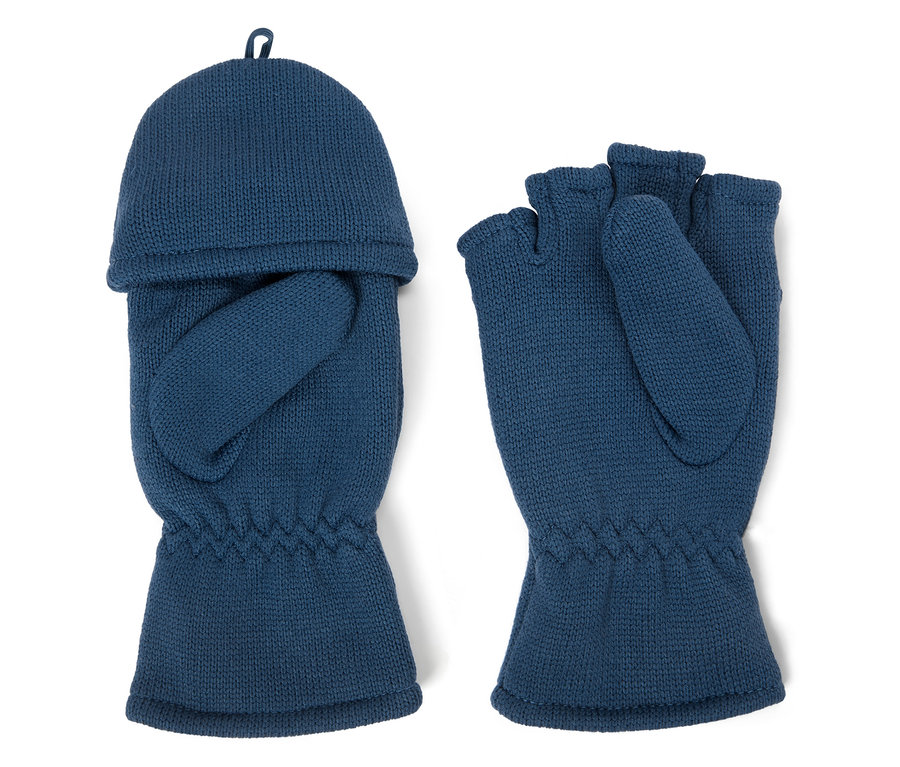 Zwei blaue, gestrickte Fingerhandschuhe mit umklappbarem Oberteil auf weißem Hintergrund.