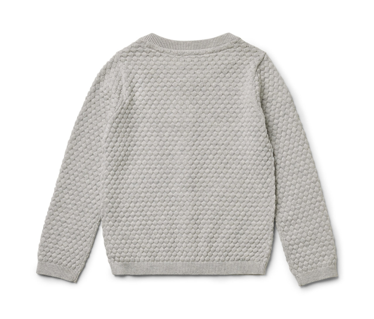 Graue Baby-Strickjacke mit langen Ärmeln.